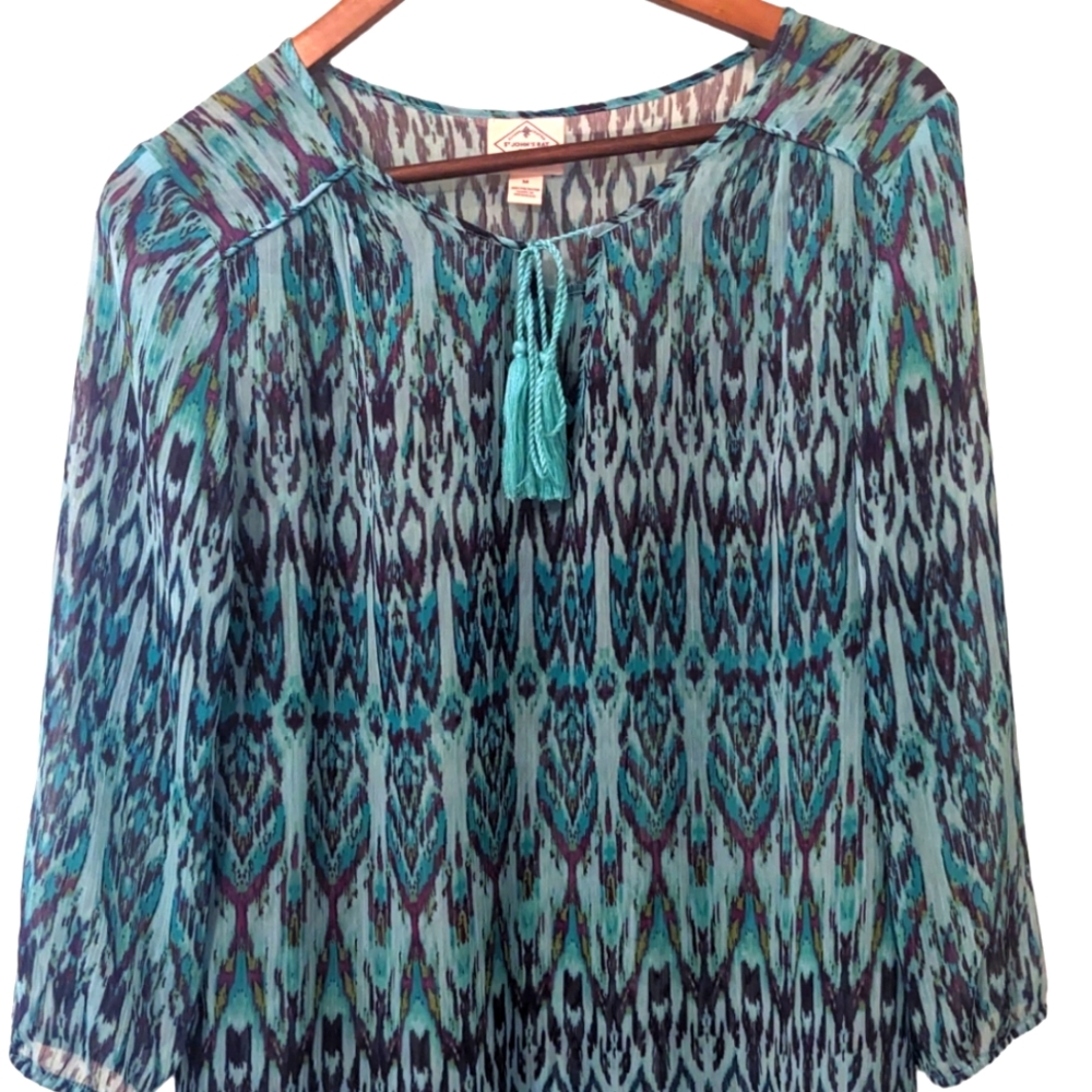 St. John's Bay Blue Semi Sheer  boho Top Med - Women